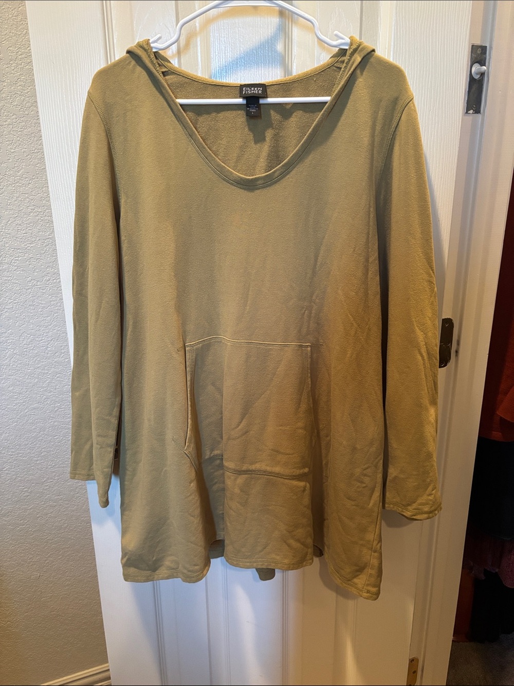 Eileen Fisher Organic Cotton Terry Hooded Tunic Sweatshirt Green Mustard sz L